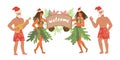 Tropical Christmas card with Hawaiian women and men in Santa hats, flat 