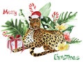 Tropical christmas, leopard, monstera leaves watercolor illustration