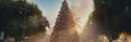 Tropical Christmas majestic Christmas tree adorned with twinkling lights and festive ornaments, standing tall amidst palm trees Royalty Free Stock Photo