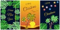 Tropical Christmas palm tree and foliage. Set of greeting cards with a summer beach and tropical leaves. Holiday weekend in a warm