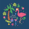 Tropical Christmas style greeting card with flamingo and palm tree. Vector graphics Royalty Free Stock Photo