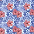 Tropical winter red hibiscus cold blue palm leaves seamless with