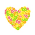 Tropical citrus heart. Summer print composed of yellow lemon, green lime, pink grapefruit and orange on white background.