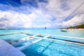 Tropical clear sea with dramatic sky view from Philippine traditional boat Royalty Free Stock Photo