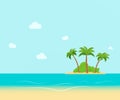 Tropical coast, beach with hang palm trees. View of the Sea, the island green and the sky with large clouds. Flat vector