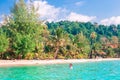 Tropical coast with tourists in Asia. Swimming in the sea, view from the water to the sea and mountains