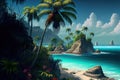 Tropical Coast with White Sand, Beautiful Wild Beach, Palm Trees, Sun, Sea, Generative AI Illustration Royalty Free Stock Photo
