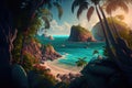 Tropical Coast with White Sand, Beautiful Wild Beach, Palm Trees, Sun, Sea, Generative AI Illustration Royalty Free Stock Photo