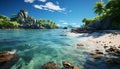 Tropical coastline, blue water, rock, palm tree generated by AI