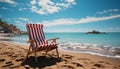 Tropical coastline, blue water, striped chair, tranquil relaxation generated by AI