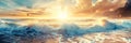 Tropical coastline at sunrise hit by huge waves in rocky cliffs at sunrise