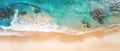 Tropical coastline with turquoise water waves washing the sandy shore. Top view. Bird\'s-eye view. 21 to 9 aspect ratio