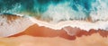 Tropical coastline with turquoise water waves washing the sandy shore. Top view. Bird\'s-eye view. 21 to 9 aspect ratio