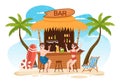 Tropical Cocktail Bar Serving Alcoholic Fruit Juice Drinks or Cocktails by the Sea on Flat Hand Drawn Cartoon Illustration Royalty Free Stock Photo