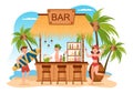 Tropical Cocktail Bar Serving Alcoholic Fruit Juice Drinks or Cocktails by the Sea on Flat Hand Drawn Cartoon Illustration Royalty Free Stock Photo