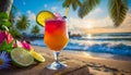 Tropical cocktail on the beach, blurred tropical island landscape, summer beverage