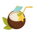 Tropical cocktail in coconut shell with small umbrella, straw and flower. Delicious beverage. Flat vector for menu