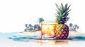 Tropical cocktail. Colorful watercolor painting of pineapple, fresh drink and tropical ocean beach. Concept of freshness