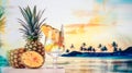Tropical cocktail. Colorful watercolor painting of pineapple, fresh drink and tropical ocean beach. Concept of freshness