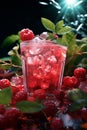 Tropical cocktail with fruits and berries and ice with tropical trees and plants on a dark mystical background Royalty Free Stock Photo