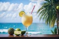 Tropical cocktail and fruits epitomizing a Caribbean vacation by the ocean, a serene beach holiday