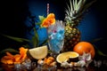 Tropical cocktail with fruits, pineapple and orange. Exotic Tropical Cocktails on blue background Royalty Free Stock Photo