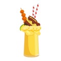 Tropical cocktail glass with skewer of meatballs, cake slice, banana slices, lime, whipped cream, and striped straws Royalty Free Stock Photo