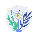 Tropical cocktail. Hand drawn exotic cold alcoholic martini beverage on palm leaves background, minimal style bar drinks, doodle Royalty Free Stock Photo