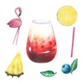 Tropical cocktail with pink flamingo pieces of pineapple and lime with straw and blueberries. A set of hand-drawn