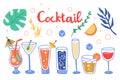 Tropical cocktail set. Hand drawn exotic cold alcoholic beverage on palm leaves background  minimal style bar drinks decoration Royalty Free Stock Photo