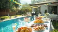 tropical cocktail and snakes with beautiful sunny vacation infinity swimming pool ocean view. Beach restaurant,, glasses Royalty Free Stock Photo