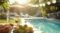 tropical cocktail and snakes with beautiful sunny vacation infinity swimming pool ocean view. Beach restaurant,, glasses Royalty Free Stock Photo