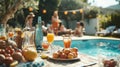 tropical cocktail and snakes with beautiful sunny vacation infinity swimming pool ocean view. Beach restaurant,, glasses Royalty Free Stock Photo