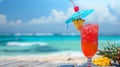 Tropical Cocktail on a Sunny Beachside Wooden Table. Sea View, Vacation Concept, Lifestyle Imagery. Refreshing Summer Royalty Free Stock Photo