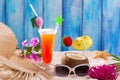 Tropical cocktails on blue wood and sand sex on the beach Royalty Free Stock Photo