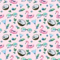 Tropical cocktails, coconuts, pink flamingos, blueberries, sunglasses. Watercolor illustration. Seamless pattern on a Royalty Free Stock Photo