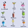 Tropical cocktails, juice, wine and champagne glass set. Vector doodle illustration. Various isolated cocktail glass Royalty Free Stock Photo