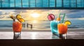 Tropical Cocktails Overlooking The Ocean At Sunset. Generative AI Royalty Free Stock Photo