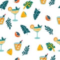 Tropical cocktails seamless pattern. Citrus, palm leaves, margarita. Summer fun hand drawn background. Great for decoration flyers Royalty Free Stock Photo