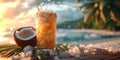 Tropical coconut cocktail on a sunny beach deck. refreshing summer drink. relaxation vacation concept. casual lifestyle
