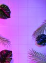 Tropical coconut leaves and monstera on pink and blue light bathroom tiles wall