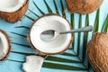 Tropical coconuts with palm branch on color background