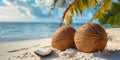 Tropical coconuts on pristine beach, evoking a paradise escape. Concept of travel, exotic destinations, and natural Royalty Free Stock Photo