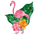 Tropical collage with leaves, flowers and pink flamingo