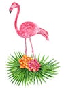 Tropical collage with leaves and pink flamingo