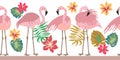 Seamless vector border pith flamingos, flowers and palm leaves. Royalty Free Stock Photo