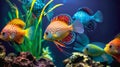 Tropical colorful fish in an aquarium with seaweed.