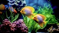 Tropical colorful fish in an aquarium with seaweed.