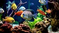 Tropical colorful fish in an aquarium with seaweed.