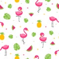 Tropical colorful flamingo seamless pattern with leaves, melon and pineapple